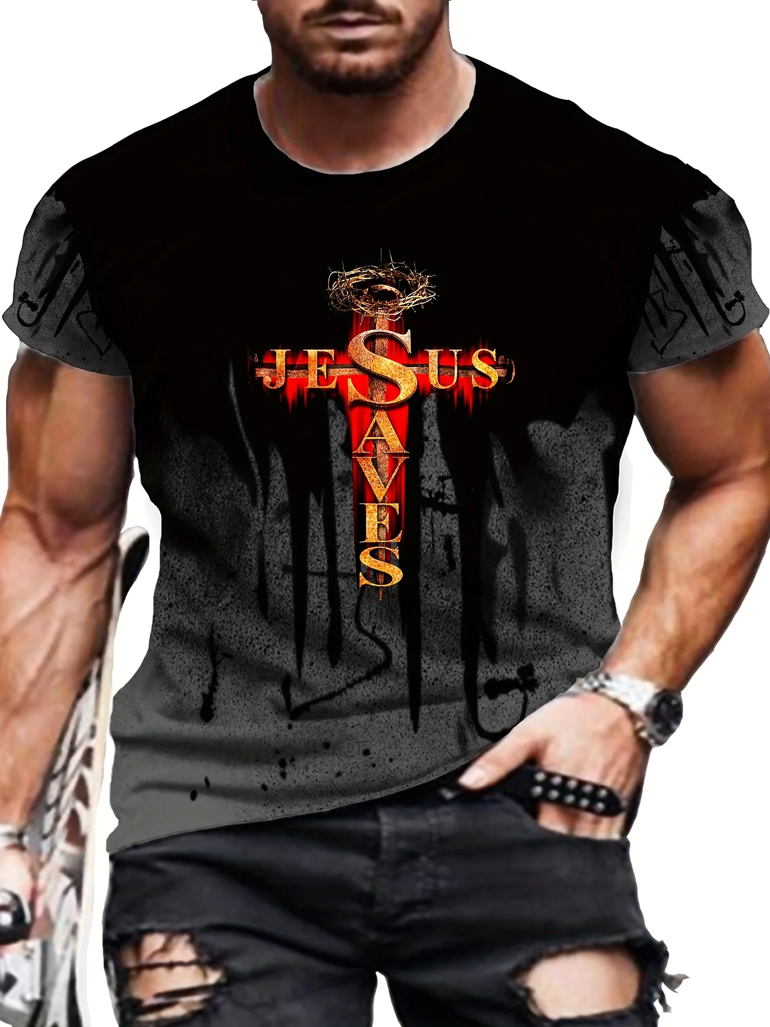 

Flame Cross & Saves Print Plus Size Men's Crew Neck Casual T-Shirt, Versatile Comfortable Top For Big & Tall