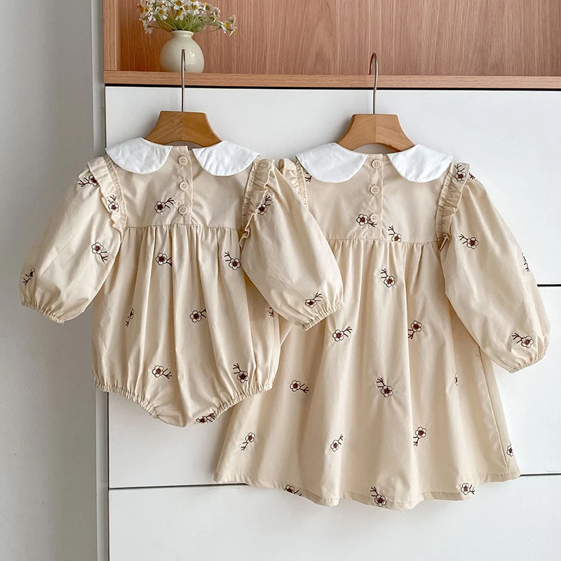 2025 New Autumn Sister Dress Kids Princess Dresses Baby Girl Romper Long Sleeved Cotton Print 2-6Yrs Girl Party Dress