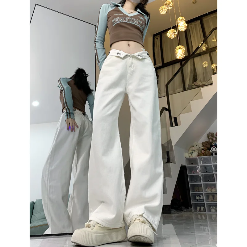 

Women White Jeans High Quality High Waist American Street Wide Leg Pants Hip Hop Letter Vintage Straight 2024 Spring Trousers