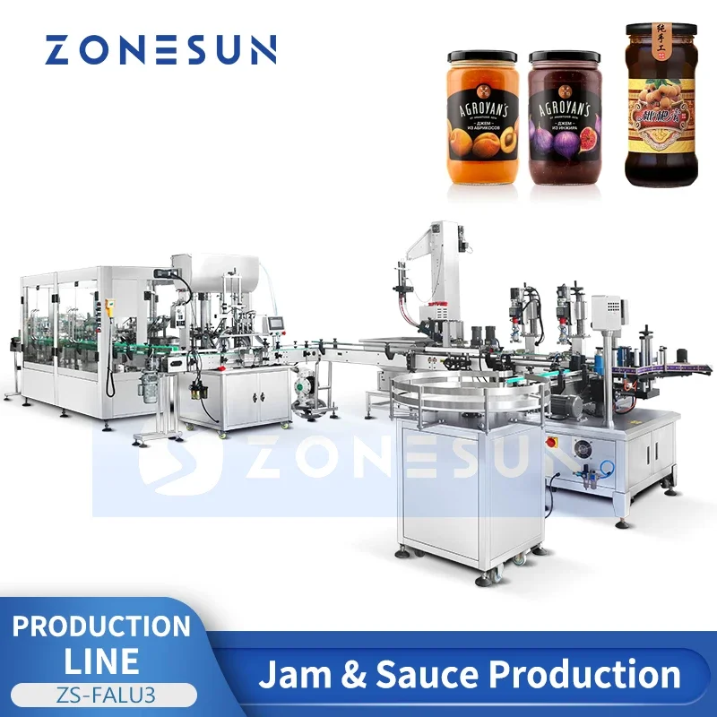 ZONESUN Linea di produzione automatica di salsa di marmellata Sciacquatrice per bottiglie Essiccatore Pasta spessa Tappo capocorda Tappo per bottiglia Etichettatura ZS-FALU3