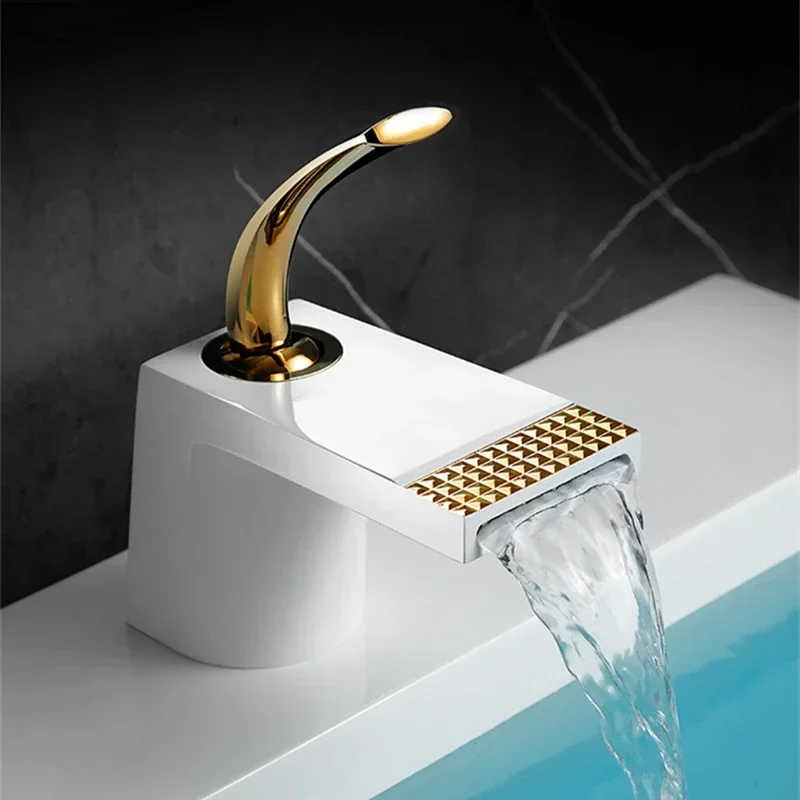 

White Golden Bathroom Faucet Brass Waterfall Bath Basin Faucet Toilet Washbasin Taps Deck Mounted Faucet Hot and Cold Water Tap