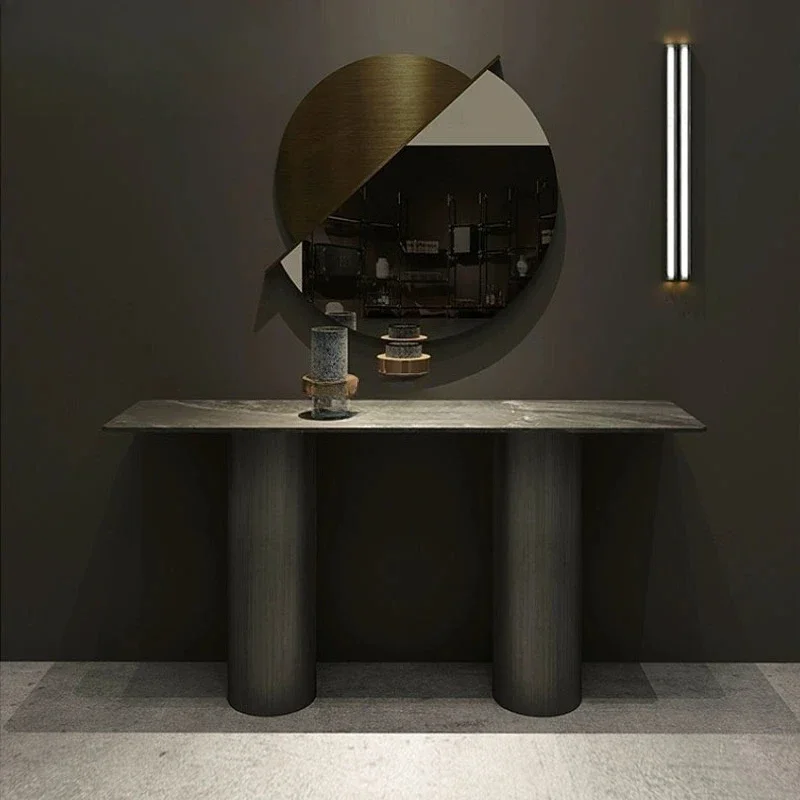

Italian minimalist light luxury non-embroidered steel entrance table Modern simple rock slab entrance table End view table