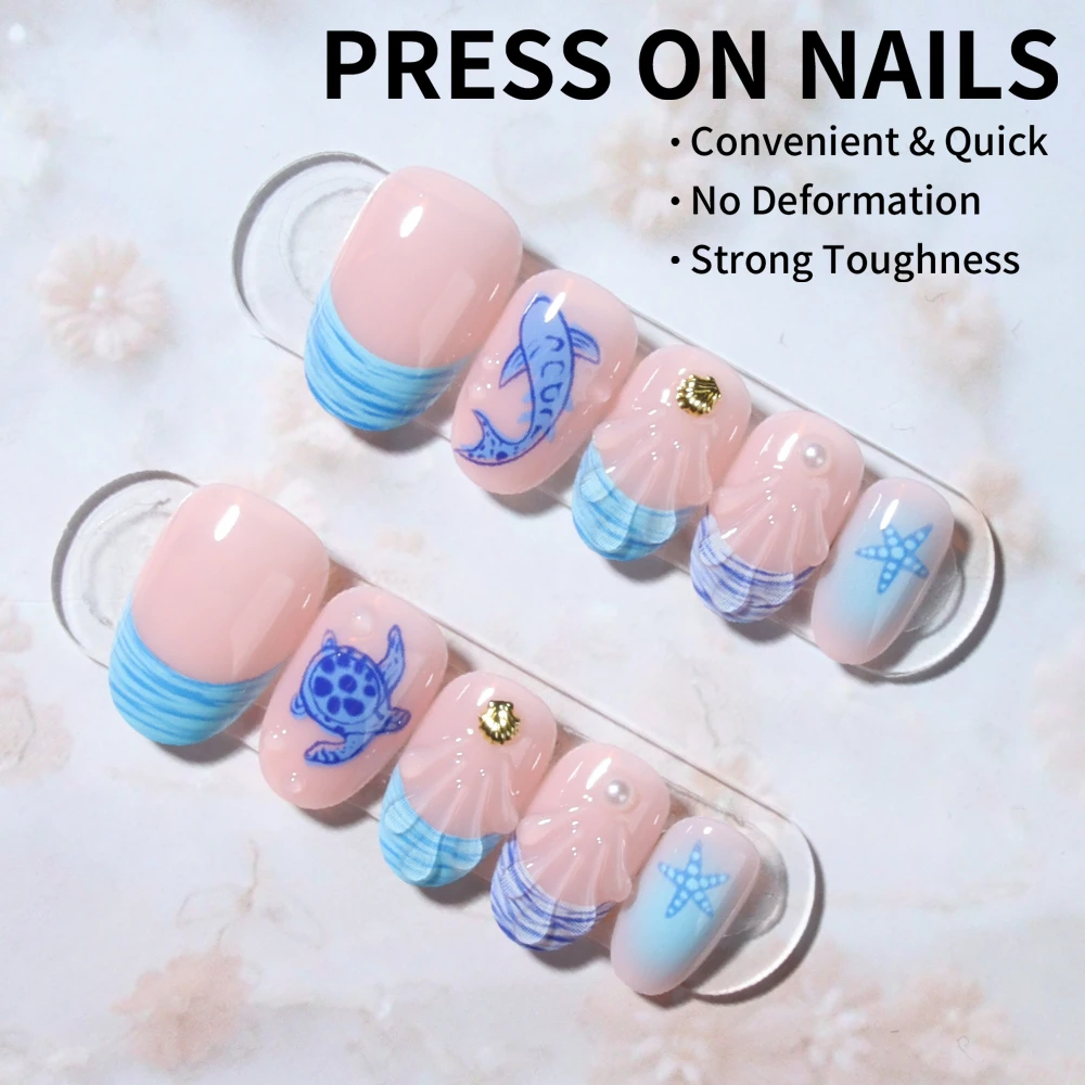 24pcs Short Oval 3D Gel Nail Stickers, Create Ocean Theme Nails, Designs Include Sea Turtle, Whale, Shell & Pearl Decor, French