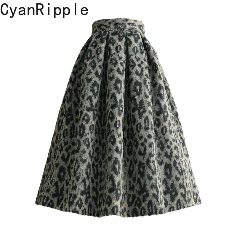 American Retro Leopard Women A-line Woolen Skirt High Waist Mid-length Elegant Puffy Skirt Autumn Winter Women Umbrella Skirts
