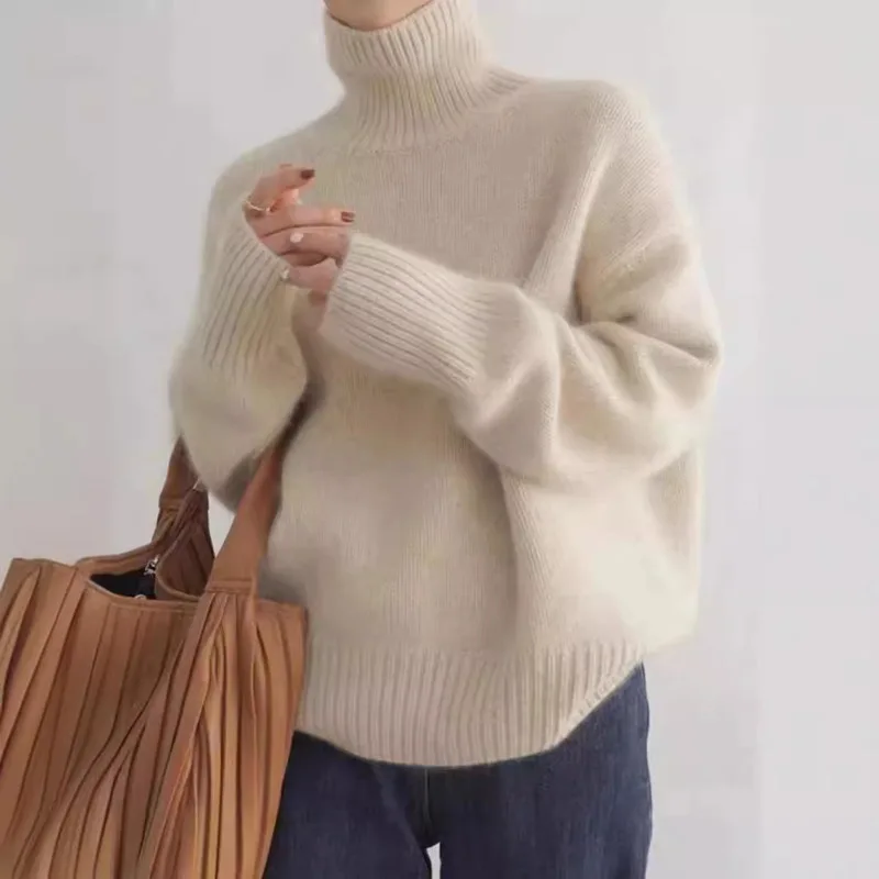 

New Winter Elegant Turtleneck Knitting Long Sleeve Loose Pullovers Women Solid Color Warm Office Ladies Sweater Top