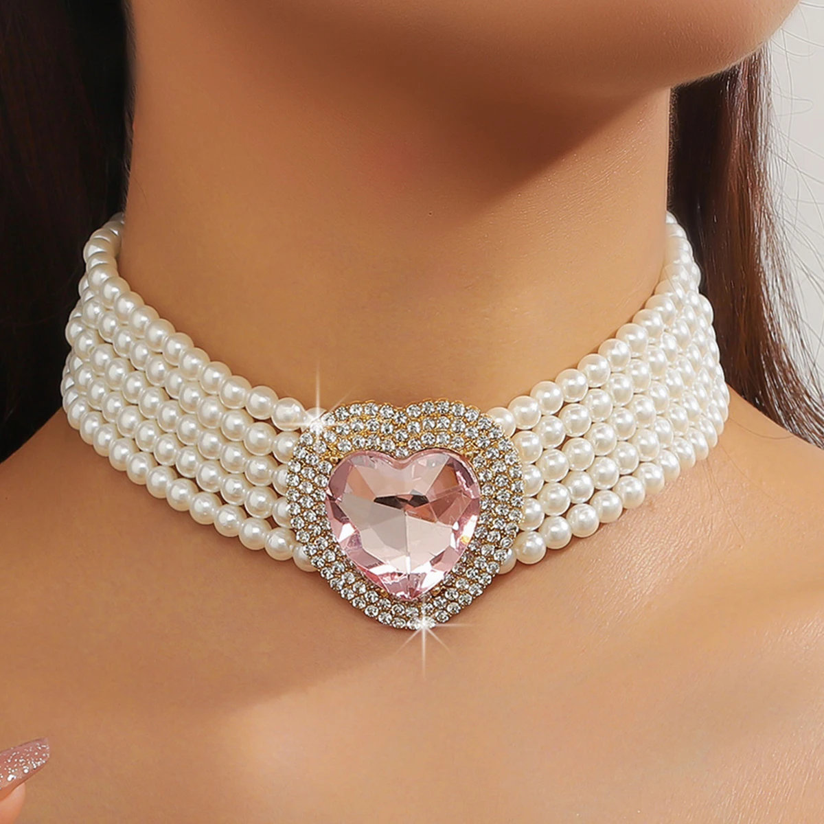 Heart Design Earrings Pearl Necklace Set for Women Vintage Multi-layered Pearl Necklace Drop Earrings for Wedding Jewelry Gift