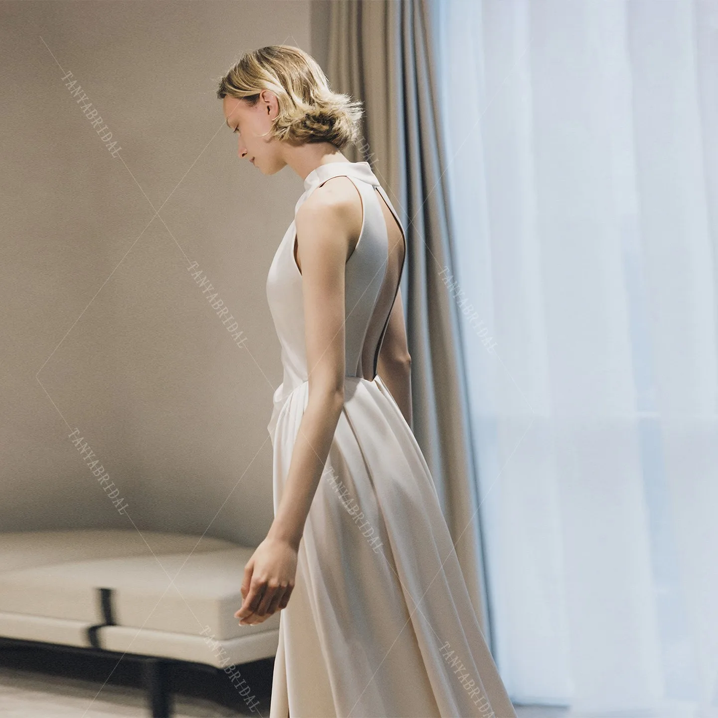 لينة الساتان س العنق فستان زفاف بلا أكمام عارية الذراعين فستان زفاف مثير عالية الجانب سبليت ألف خط فستان حفلات الزفاف TSWD861