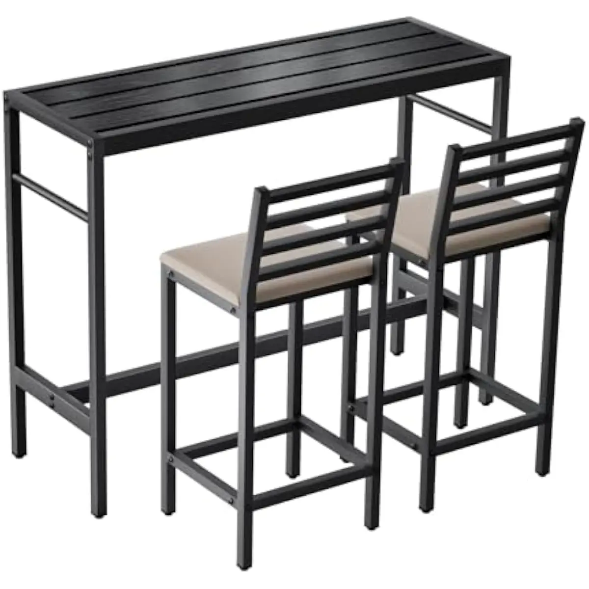 Outdoor 3-Piece Counter Height Bar Set – Matte Black Metal Table 50 Inches + 2 Ergonomic Stools 41 Inches with Dense Foam Cushio