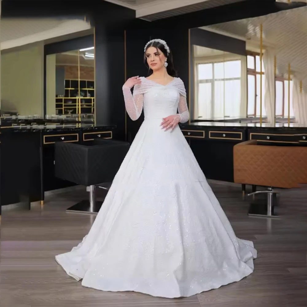 

Luxury Muslim Wedding Dresses V-Neck Long Sleeve A-Line Church Bride Dress with Beading Pleat Sweep Train Bridal Gown Customized