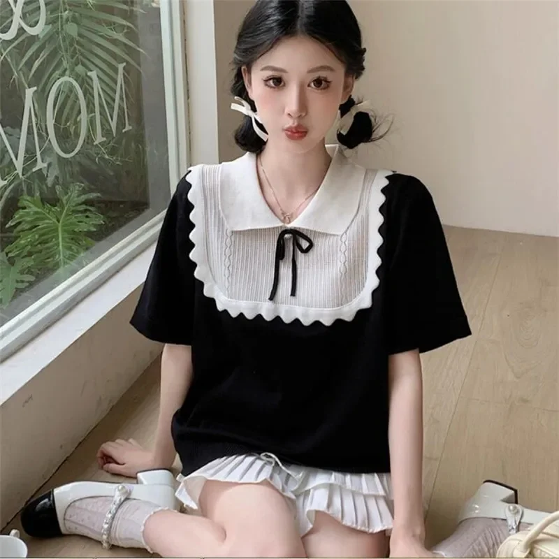 Big Size Women Black Knit T Shirt French Summer Spicy Girl Short Sleeve Sweater Top Retro Fashion Doll Collar Loose Casual Shirt