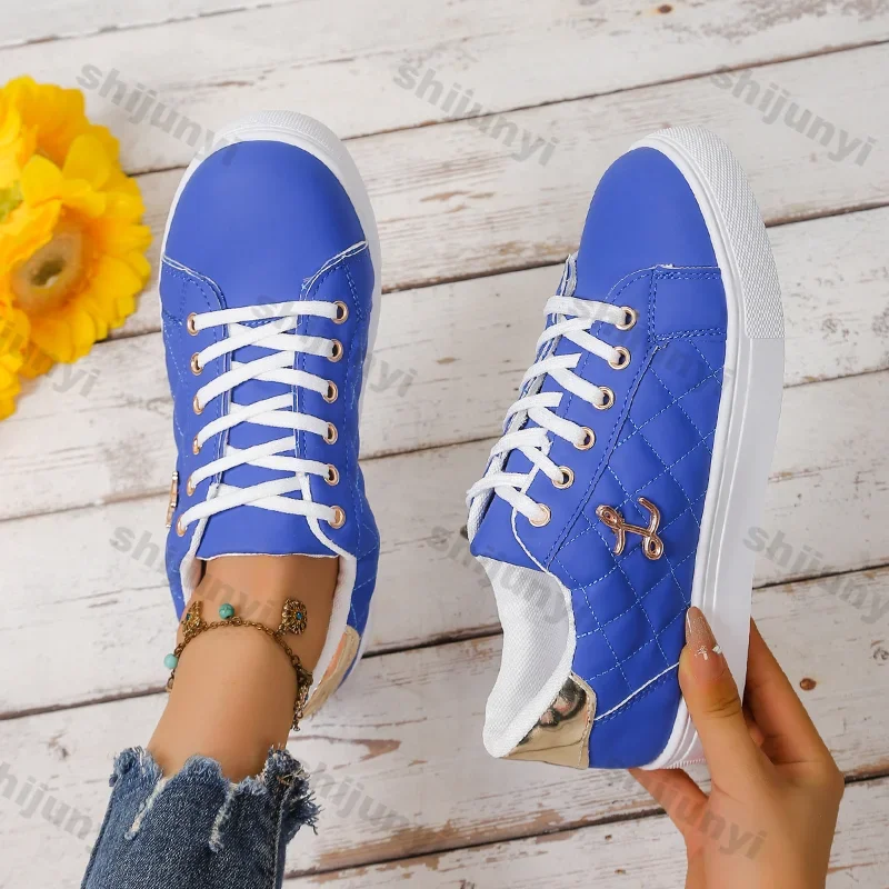 Women's Casual Sports Shoes Fashion PU Leather Platform Sneakers Woman Light Flat Non Slip Lace Up Vulcanized Shoes Plus Size 43