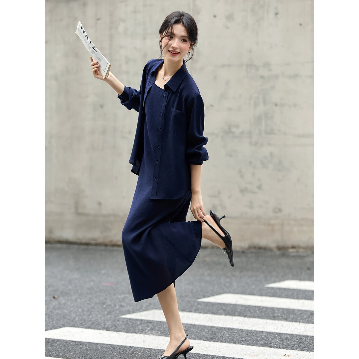 VIMLY Lyocell Women's Shirt Dress Set 2026 Spring Autumn Two Piece Clothing Sets Long Sleeve Shirt Long Slip Dress Lady A3010 image 2