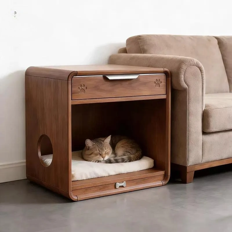 Solid Wood Bedside Table Cat Nest Integrated Storage Cabinet Simple Modern Bedroom Pet Cabinet Cat Nest Bedside Table