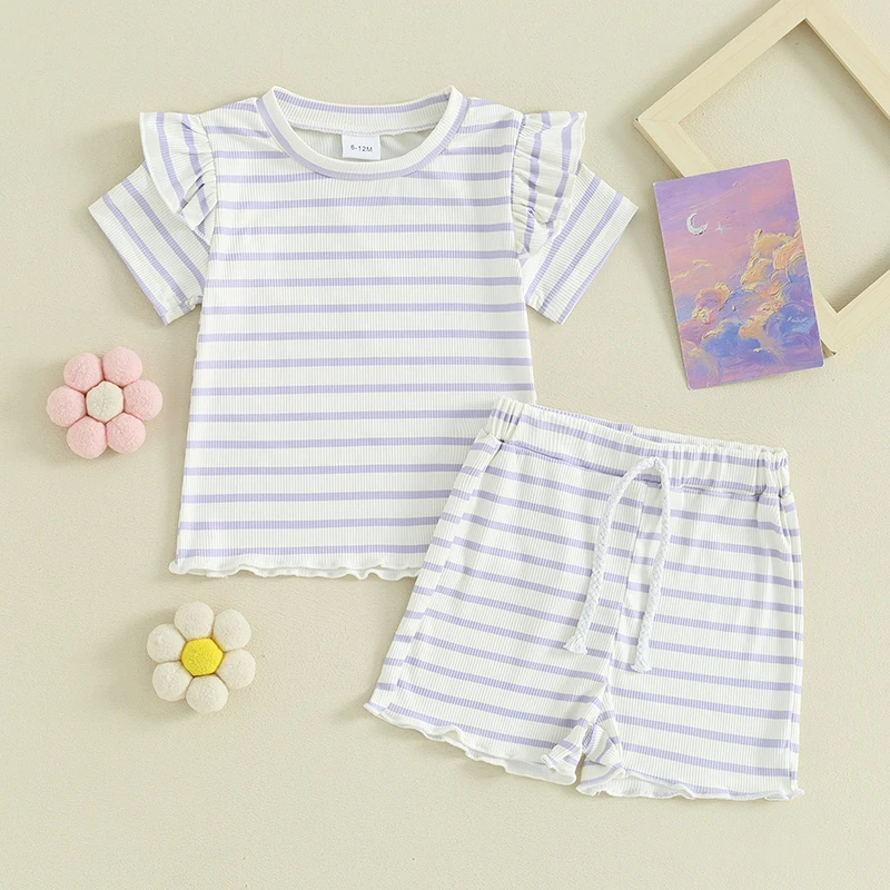 2024-01-23 Lioraitiin Toddler Baby Girl Summer Outfit Waffle Knit Frilly Short Sleeve T-Shirt Shorts Set 2Pcs Clothes Set