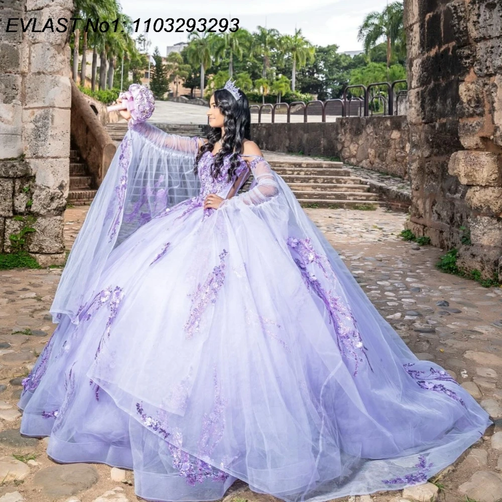 

EVLAST Customized Lilac Ball Gown Quinceanera Dress Glitter Lace Applique Beading Cape Sweet 16 Vestidos De 15 Anos E1QN335
