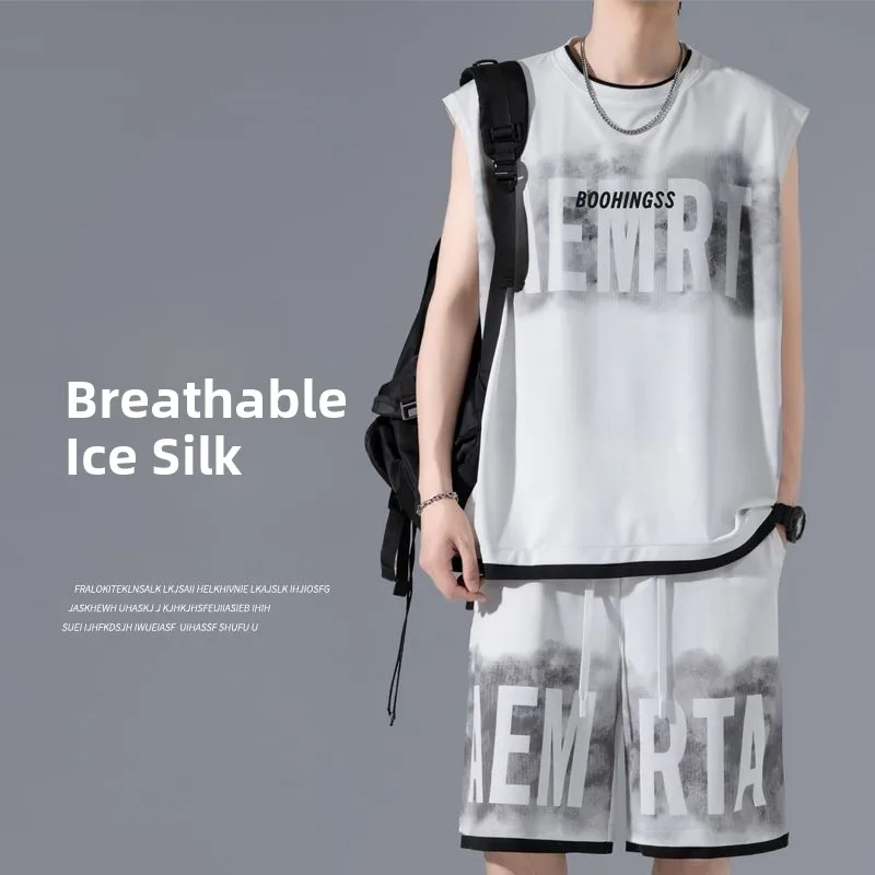 

Ice Silk Quick Dry Sports Set Men's Summer New Trend Sleeveless T-Shirt Vest Shorts Youth Polyester Spandex Blend