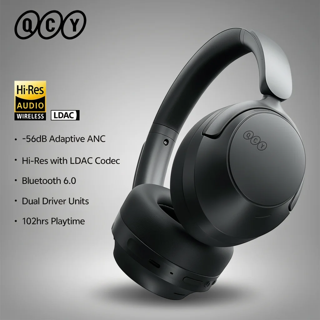 QCY H3S Over Ear Headphone Hi-Res LDAC Spatial Sound Headset H3S -56dB Adaptive ANC Wireless Earphone Bluetooth 6.0 102Hrs