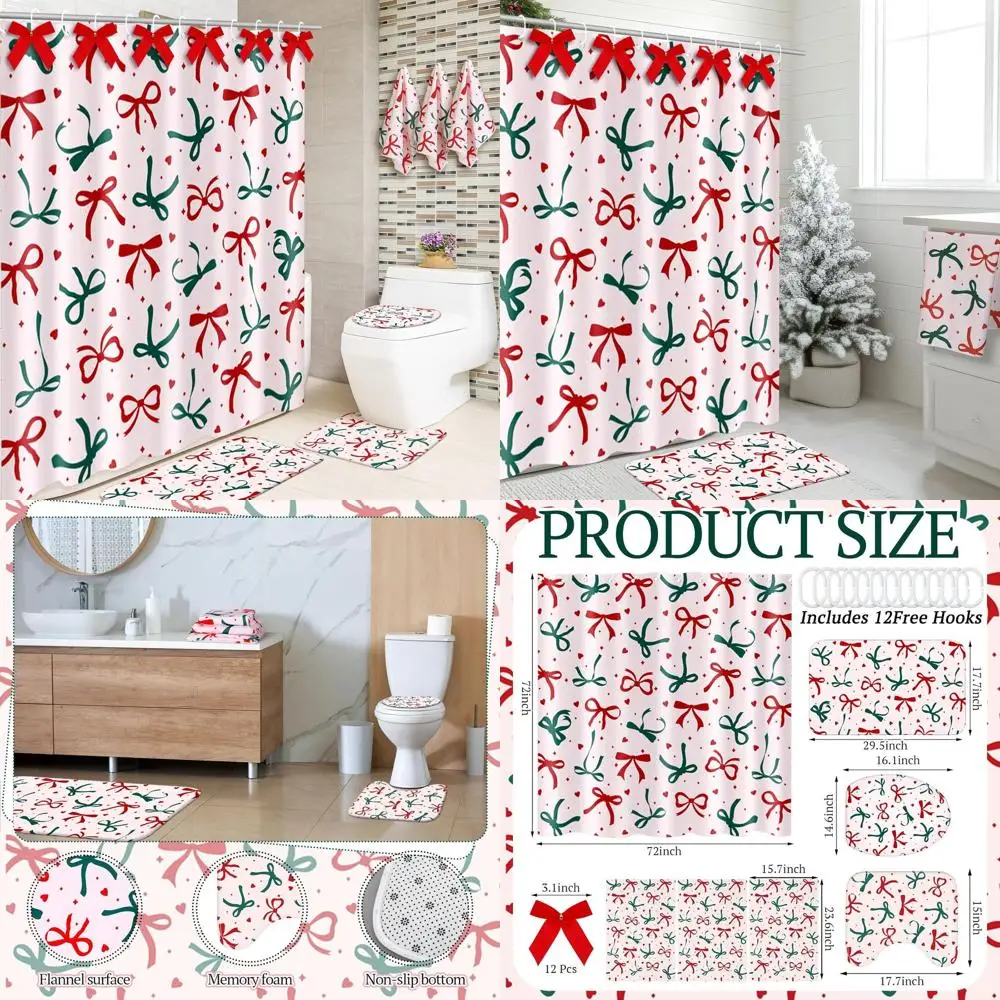 

Christmas Shower Curtain Sets: 7-Piece with Curtain, Rug, Lid Cover, Mat, 3 Towels, Red & Green Bows for Festive Home Decor