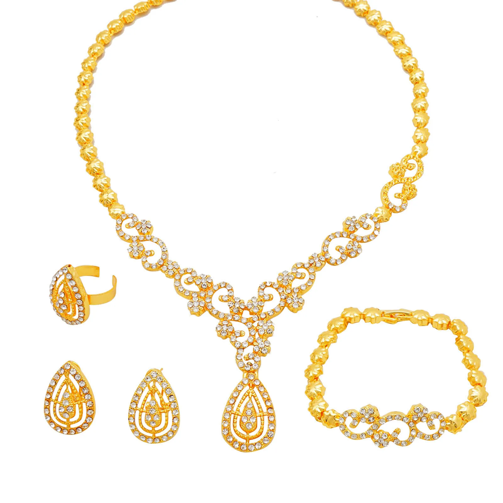 

Luxurious Dubai 24K gold jewelry set dazzling colored rhinestone necklace, wedding bride accessory set