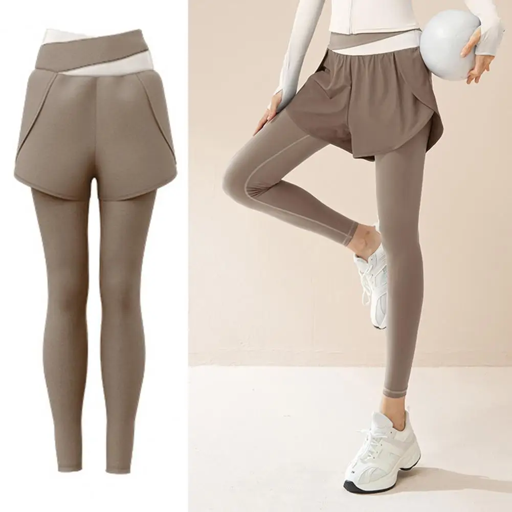 Damskie spodnie do jogi sportowej z wysokim stanem, legginsy do ćwiczeń fitness, spódniczka na pasek do połowy łydki, imitacja dwuczęściowego kompletu, elastyczne legginsy fitness