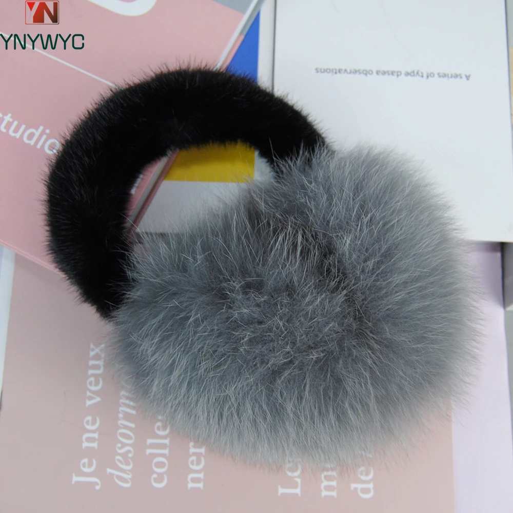 

Luxurious Women Winter 100% Natural Fox Fur Earmuffs Plush Warm Big Pompoms Fox Fur Ear Muffs Girls Fluffy Real Mink Fur Earflap