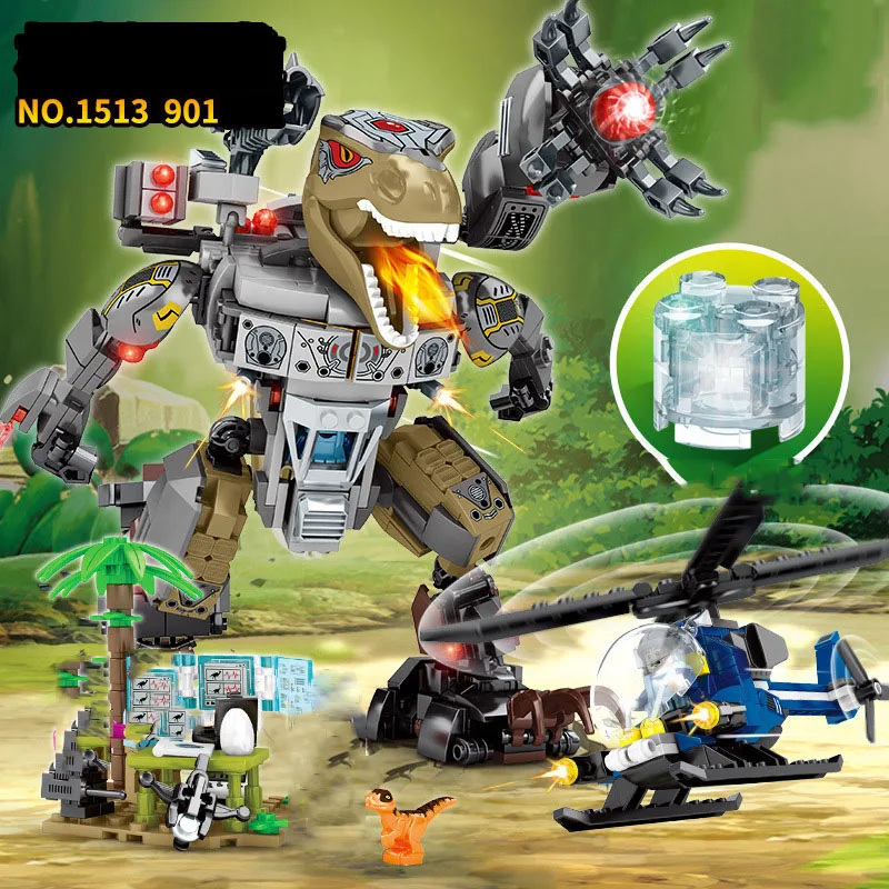 Jurassic Movie Mechanical Dinosaurs Building Block Tyrannosaurus Rex Model Figures Bricks Helicopter Toys Collection With Light