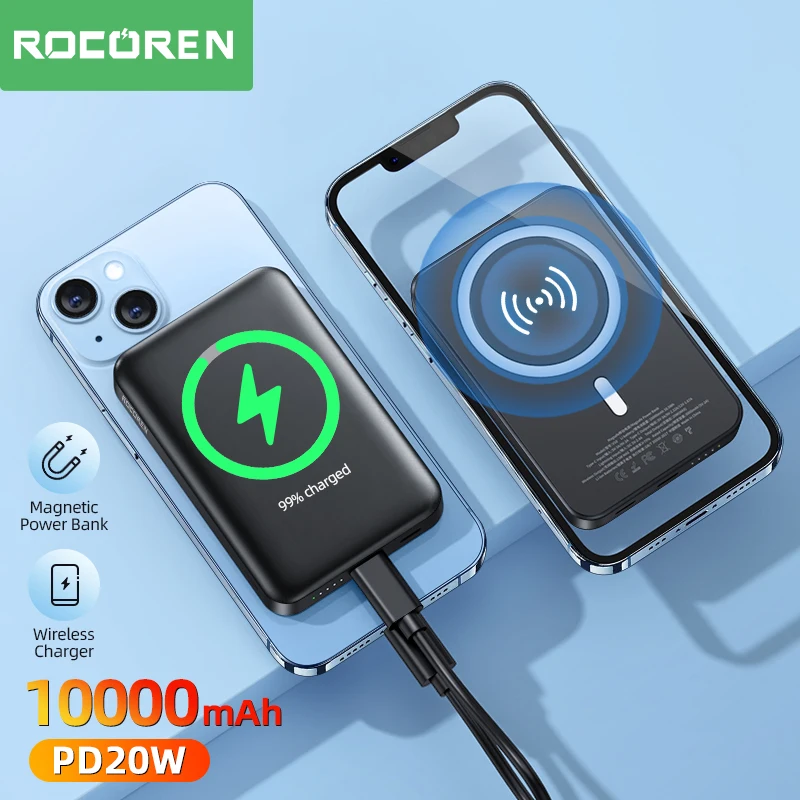 Rocoren Magnetic Power Bank 10000mAh 20W Wireless Charger 5000mAh Mini Powerbank For iPhone 14 13 12 Portable External Battery