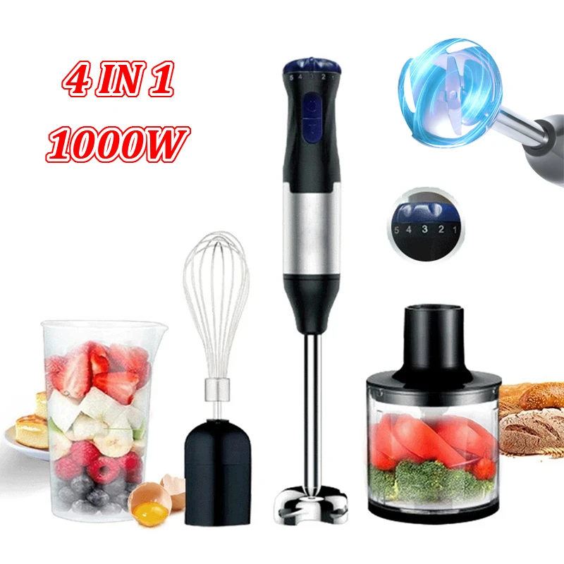 Batidora de inmersión de cocina de 1000W, 4 en 1, mango de acero inoxidable, picadora de carne vegetal, batidora de pierna, paquete de batidos
