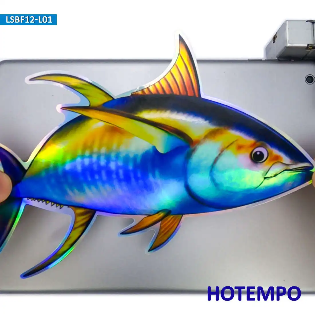 20cm Laser Yellowfin Tuna Grouper Bass Big Sea Fish Outdoor Waterproof Sticker for Fisherman Boat Laptop Motorcycle Car Stickers