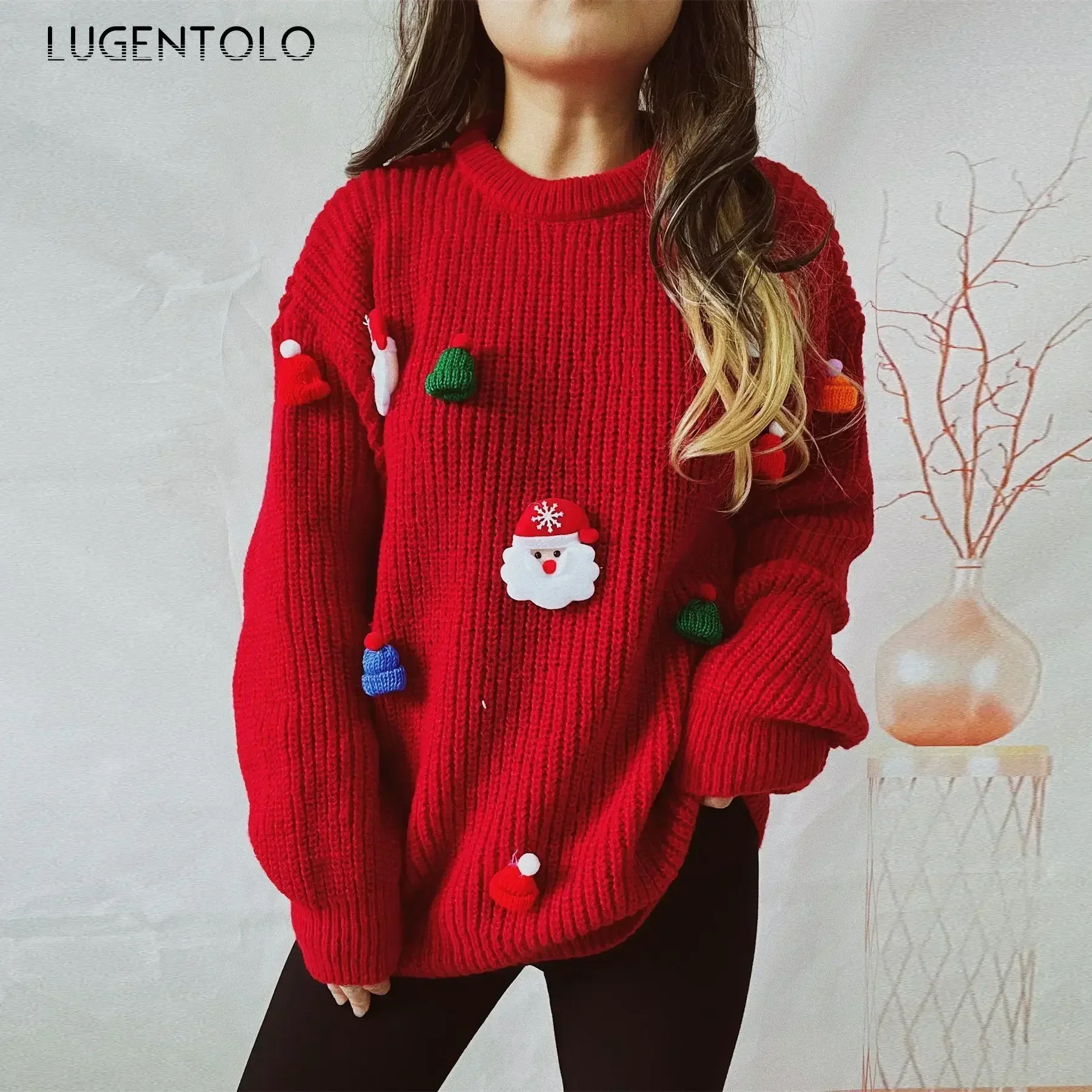 Women Cute Santa Claus Sweaters O-neck Long Sleeve New Year Lady Casual Autumn Winter Fashion Pullover Cloth Lugentolo