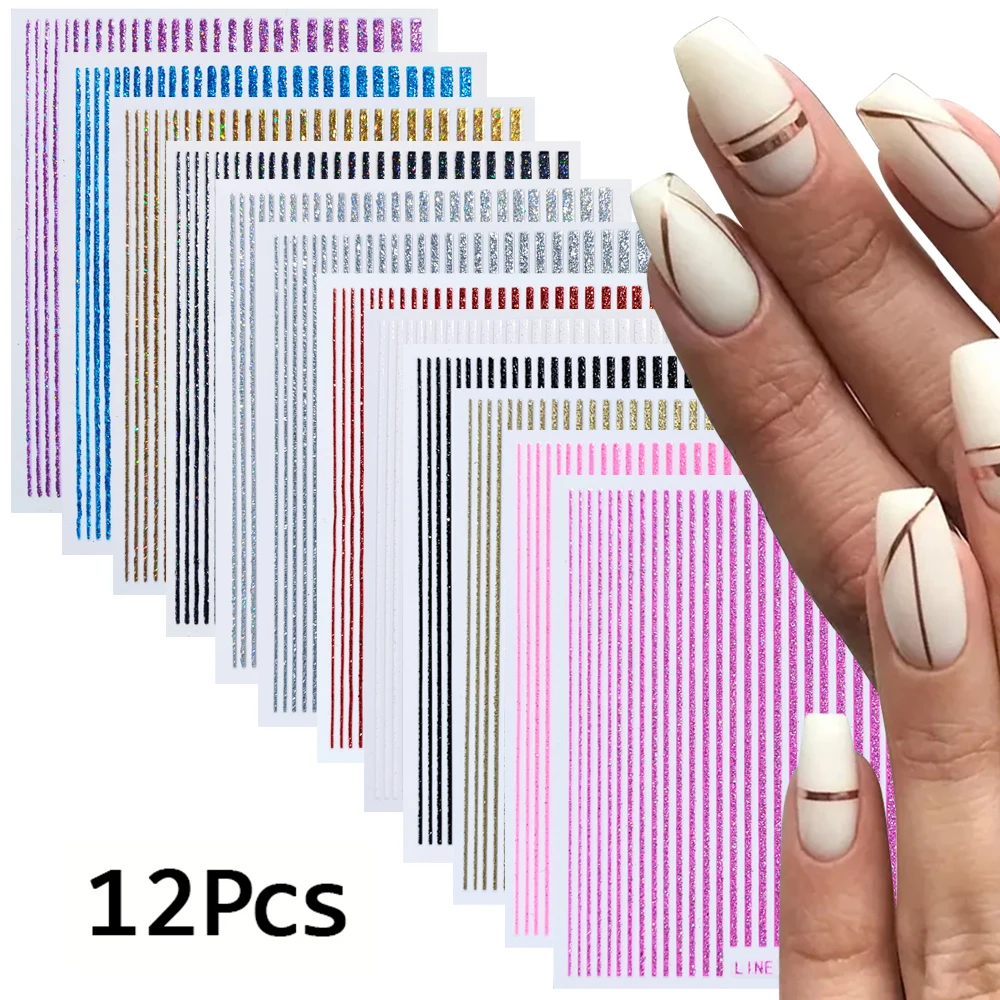 

12PCS 3D Lines Nail Stickers Fantasy Stripe Laser Line Design Nail Art Stickers Adhesive Holographic Foil Nail Art Decorations