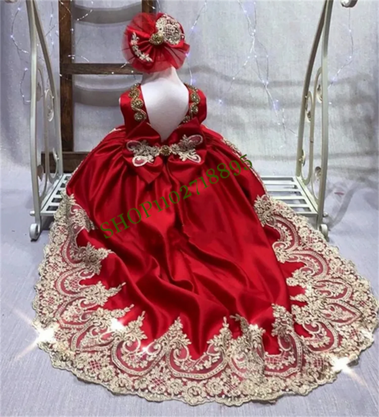 Red Satin Gold Applique Flower Girl Dresses Bow Cute Girl Dress Kid Birthday Dress First Communion Dress Girl Party Gowns