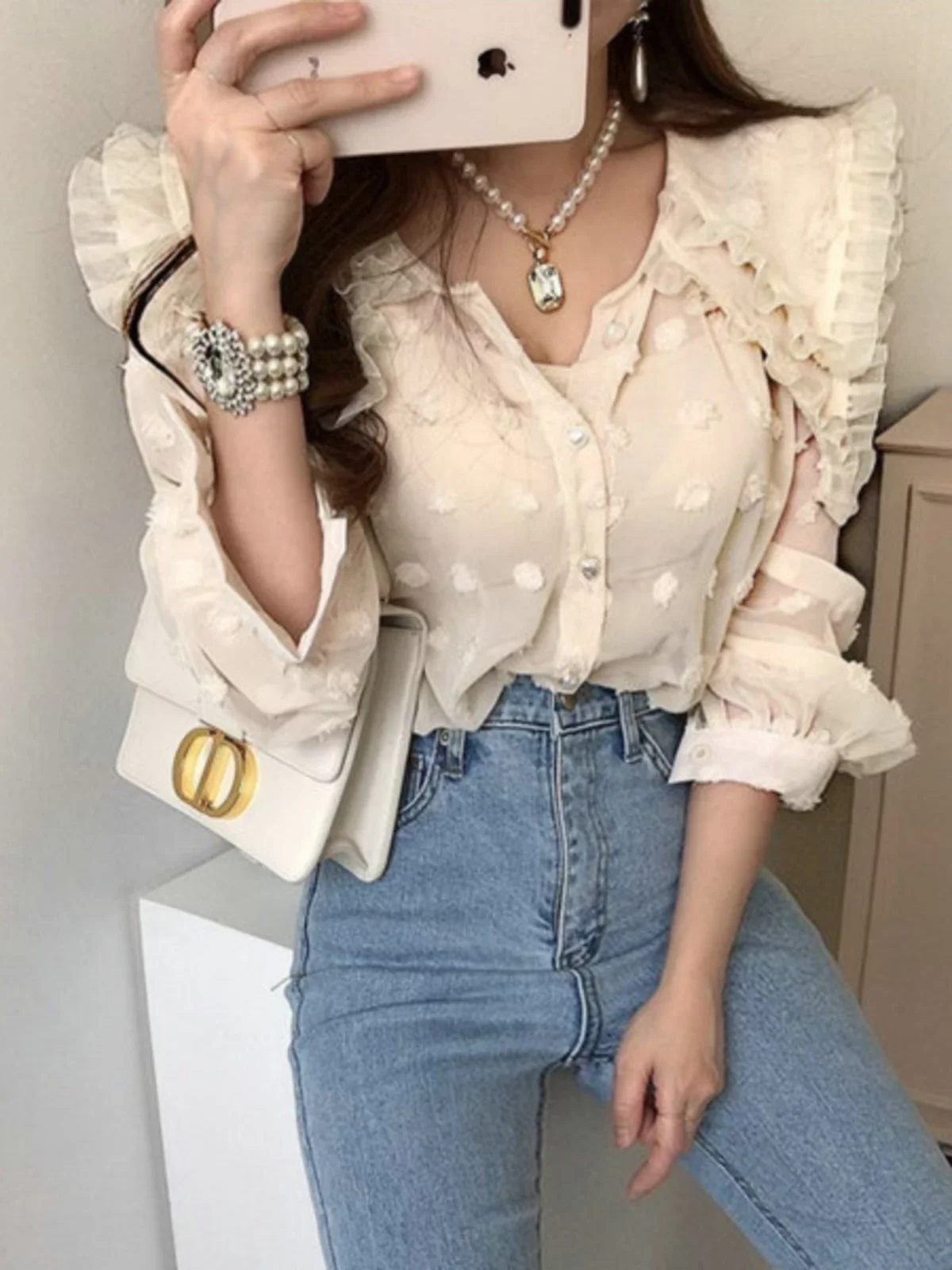 Solowen Pearl Button Long Sve irt Double Layered 3D Fluffy round Ne Design Commute Sle Pure Color Straight Cut