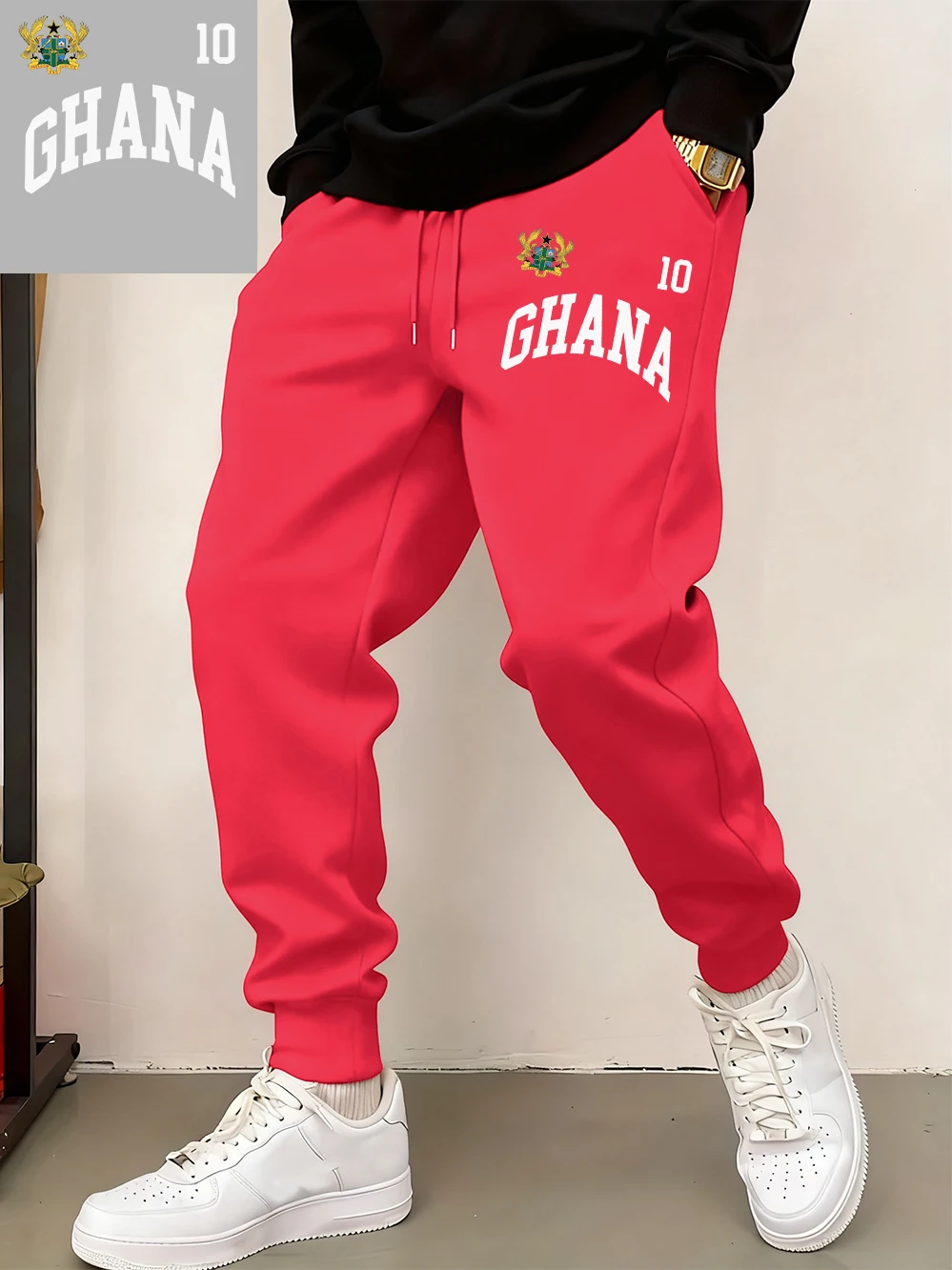 

Ghana Emblem Printed Sweatpants Mens Casual Pocket Jogger Pants Winter Fleece Warm Oversized Trousers Basics Male Streetwear