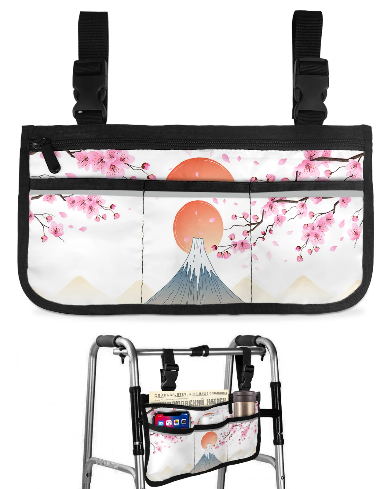 Japanese Style Mt. Fuji Sakura Wheelchair Bag With Pockets Armrest Side Bags Electric Scooter Walking Frame Storage Pouch