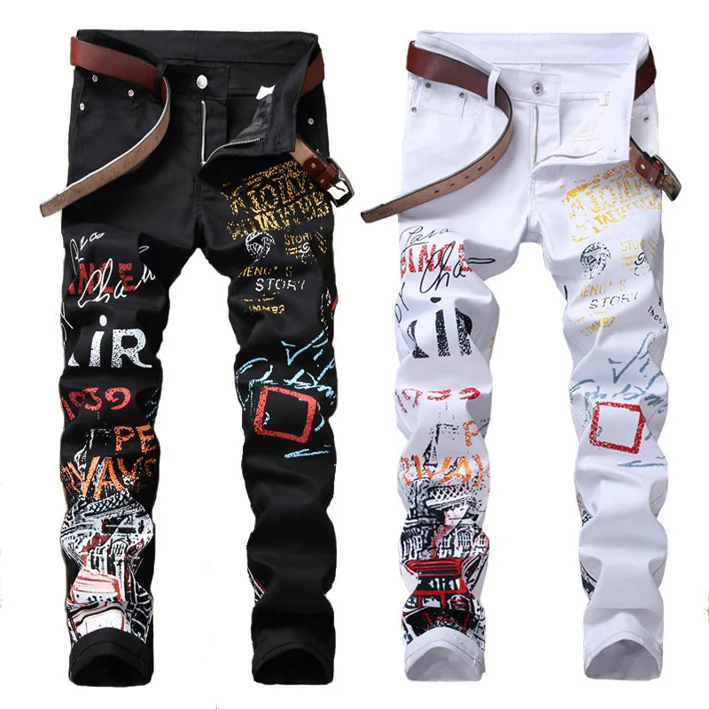 Jeans Men's Stretch Casual Pants Printed Straight Leg Pants Street Fashion