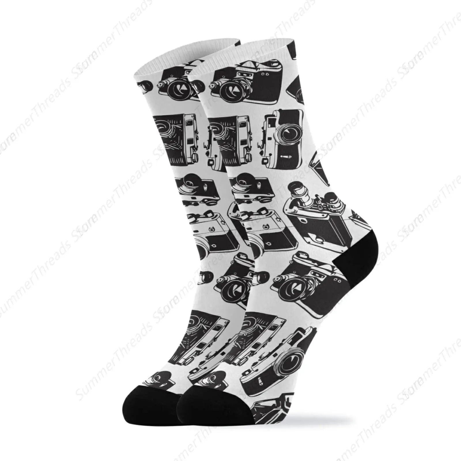 Seamless Pattern with Old Cameras Black White Vintage Retro Style Unisex Long Casual Socks Athletic Crew Socks for Women Men