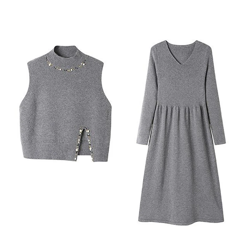 Autumn Winter Solid Knitted Sweater Dress Two-piece Set Women Vintage Sweater Dress 2025 Elegant Bodycon Party Evening Dress - view 6