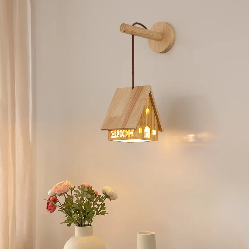 

Solid Wood Cottage Wall Lamps Log Style Children's Room Bedside Lamp Minimalist Modern Nursery Baby Room Boy Bedroom Wall Lights