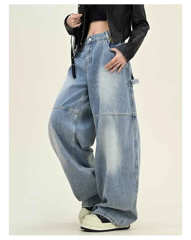 

Women's Large Pocket Letters High Waisted Blue Jeans Cool Girl Wide Leg Vintage Streetwear Trouser Female Casual Denim Pant