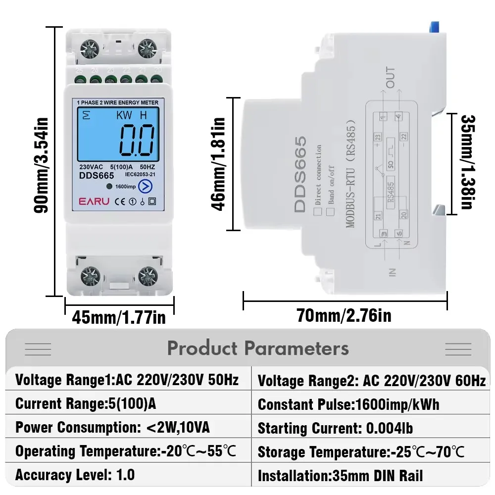 EARU AC230V 50Hz 60Hz 100A Bidirectional Energy Power Kwh Meter Monitor Reset Zero Solar PV Voltage Current Frequency with RS485