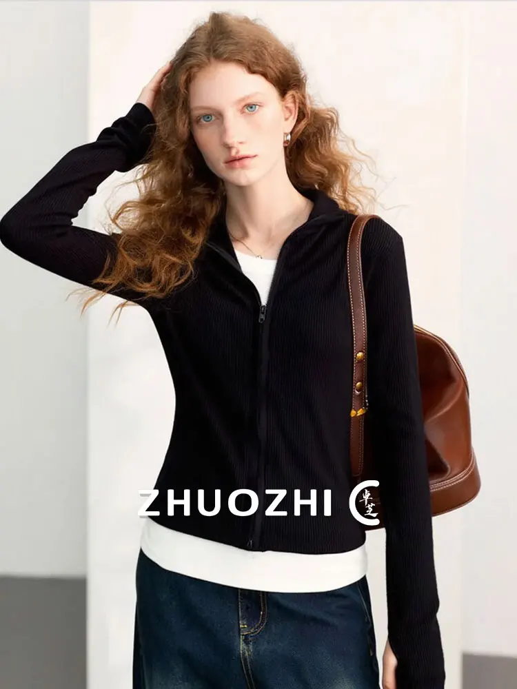 

Женская футболка ZhuoZhi Spor Slim Fit с молнией, цветными блоками и эффектом двухслойности, весна 2026, влагоотводящая, с длинным рукавом