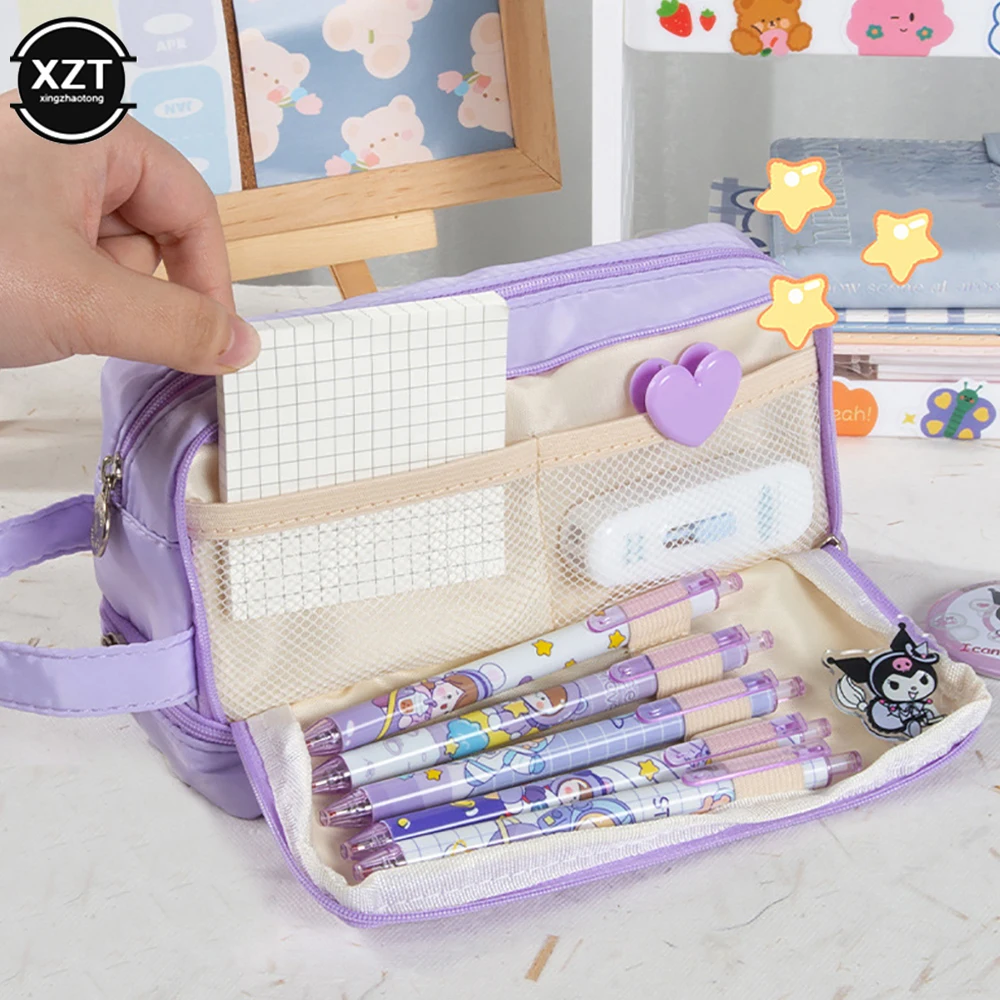 Candy color Children Pencil Bags Three-layer Large Capacity Pencil Case Student Teacher Stationery Pen Pencil Ruler Holder