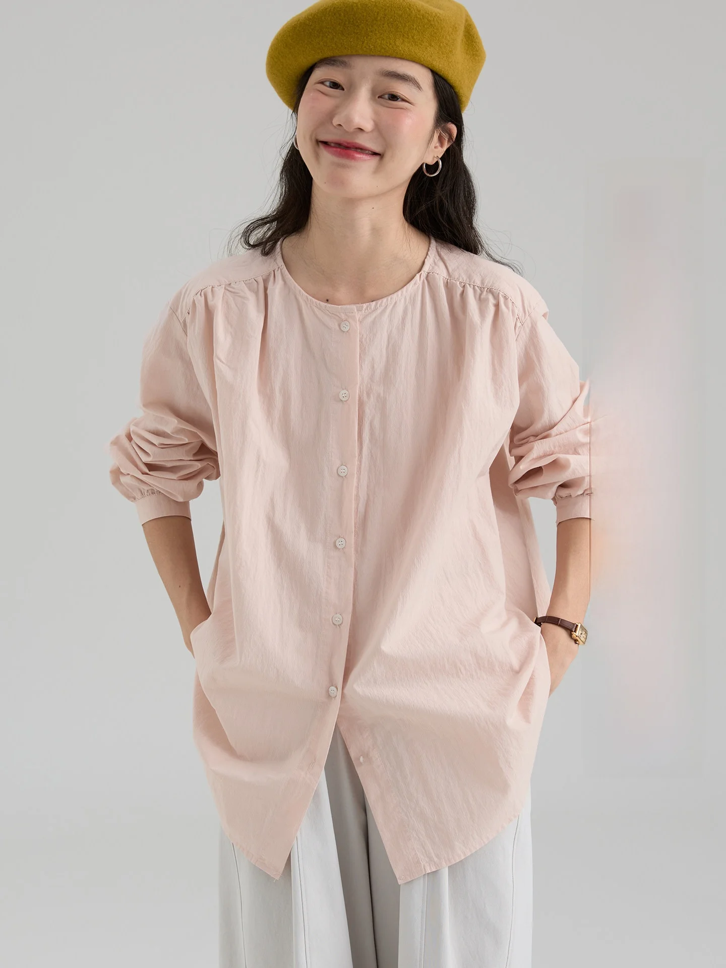 

Drawwind2026 Весенняя новинка: Свободная женская рубашка с длинным рукавом из хлопка и льна, с круглым вырезом, в корейском стиле, для защиты от кондиционера