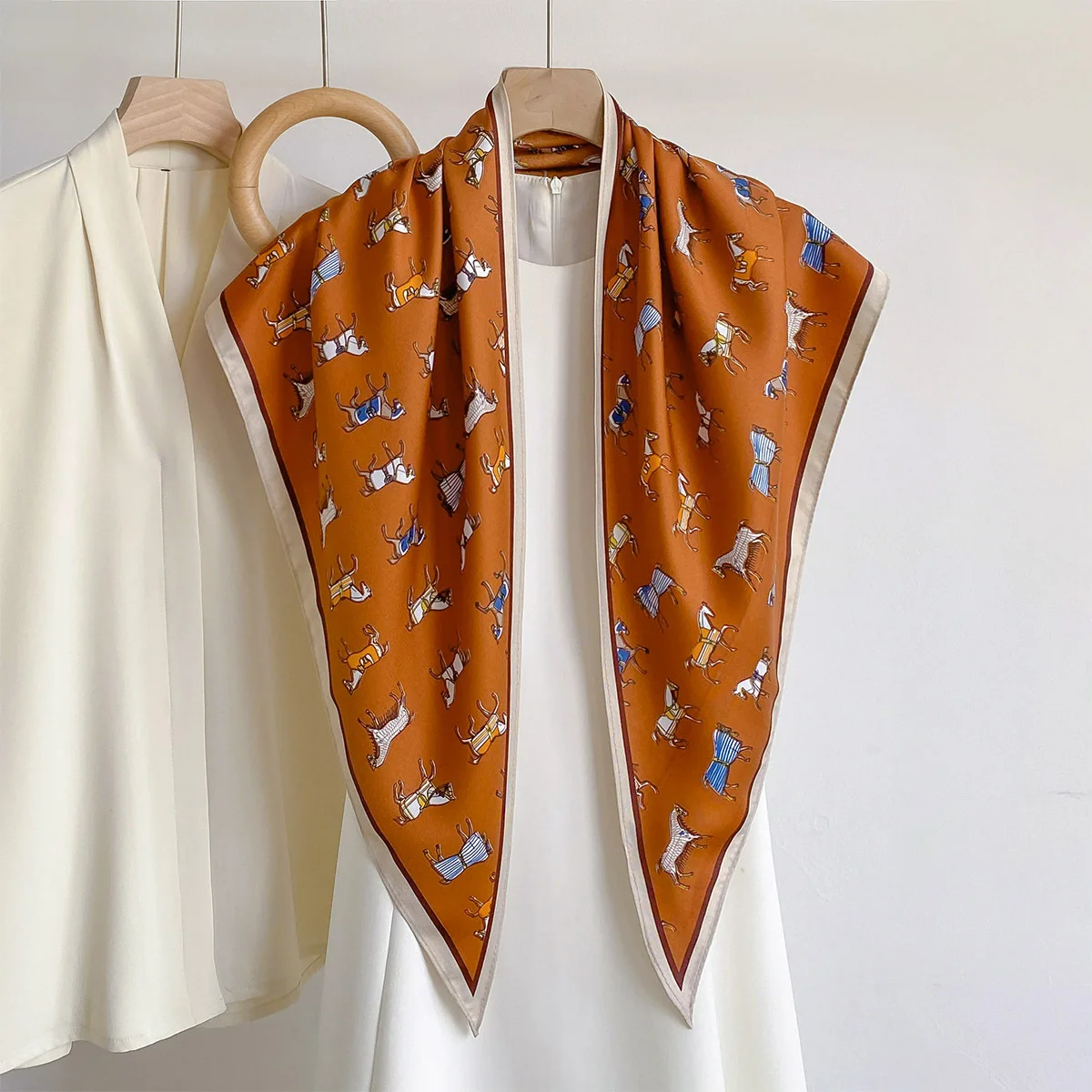 Soft New Satin Triangle Scarf Lovely Horse Print Multi Functional Ladies Neck Kerchief Fashion Foulard Head Wrap Bandana Shawl view 5
