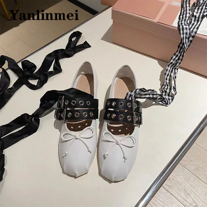 New Runway Ballet Shoes Women Round Toe Buckle Strap Loafers Female Genuine Leather Ankle Cross Lace Up Comfort Flat Shoes Woman