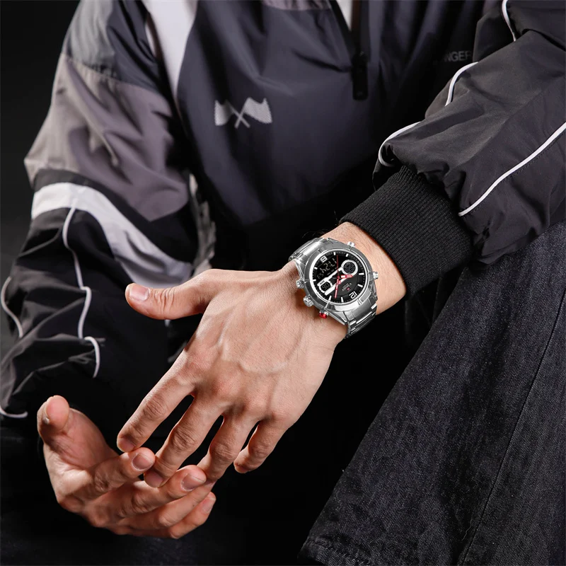 แพคเกจของขวัญนาฬิกาข้อมือผู้ชาย NAVIFORCE หรูหรา กันน้ำ นาฬิกาดิจิตอล นาฬิกาสปอร์ต ควอตซ์ สายสแตนเลสสตีลเรืองแสง สไตล์ทหาร