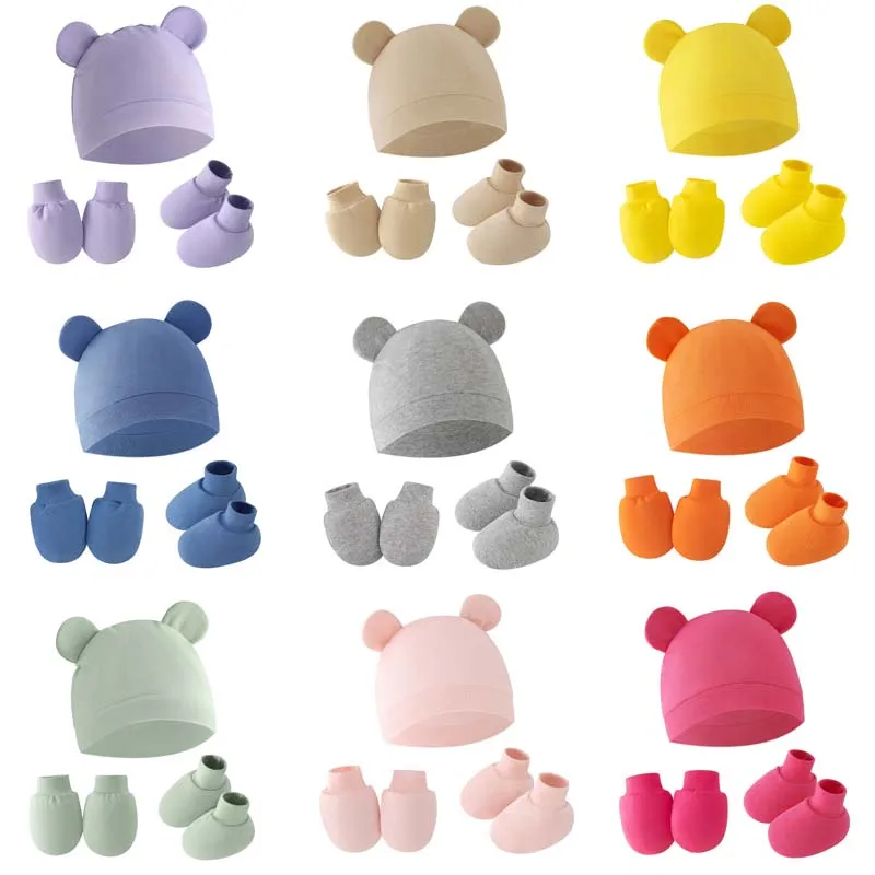 

2025 Baby Hat Glove Socks Newborn Colorful Bear Ear Beanie Cap Infant Cotton Warm Bonnet Photography Props Toddlers Shower Gifts