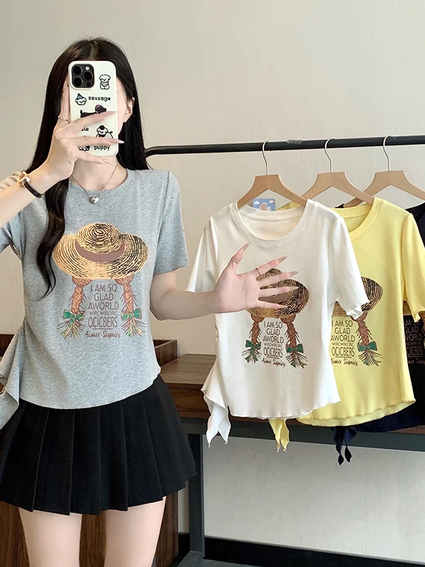 

Casual Fashion plus Size Women's T-Shirt round Neck Short Sleeve Printed Loose Fit Summer Clothing Pear Shape Body Type Cotton