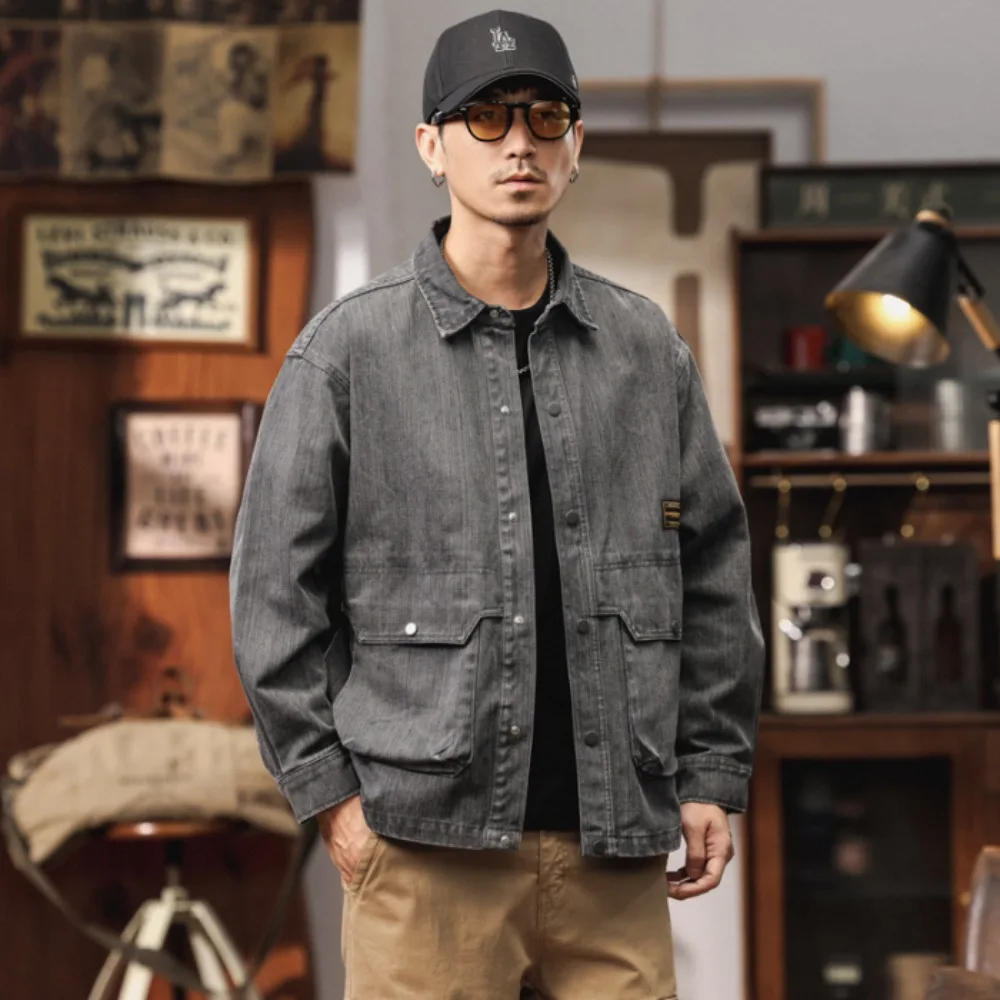 

2025 new fashion vintage yarn dark tooling jacket men's slightly wide lapel senior sense long-sleeved shirt coat